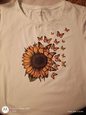 Amazon Essentials White Tee with Sunflower & Butterflies Graphic